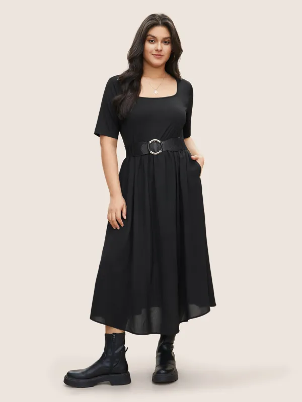 Plain Square Neck Gathered Elastic Waist Dress sold by Bloomchic
