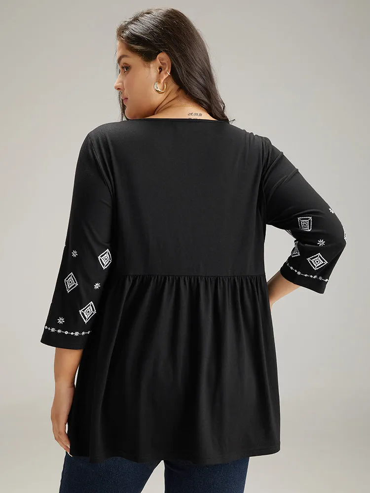 Bandana Embroidered V Neck Gathered T-shirt sold by Bloomchic product image thumbnail 2