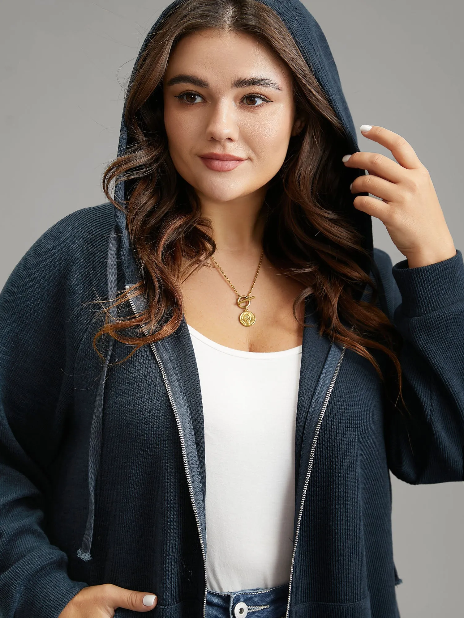 Rib Knit Raglan Sleeve Hooded Drawstring Sweatshirt sold by Bloomchic product image thumbnail 4