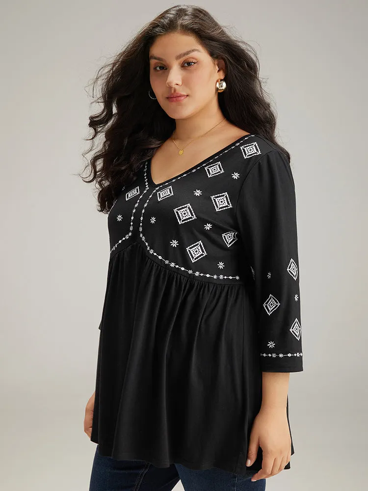 Bandana Embroidered V Neck Gathered T-shirt sold by Bloomchic product image thumbnail 3