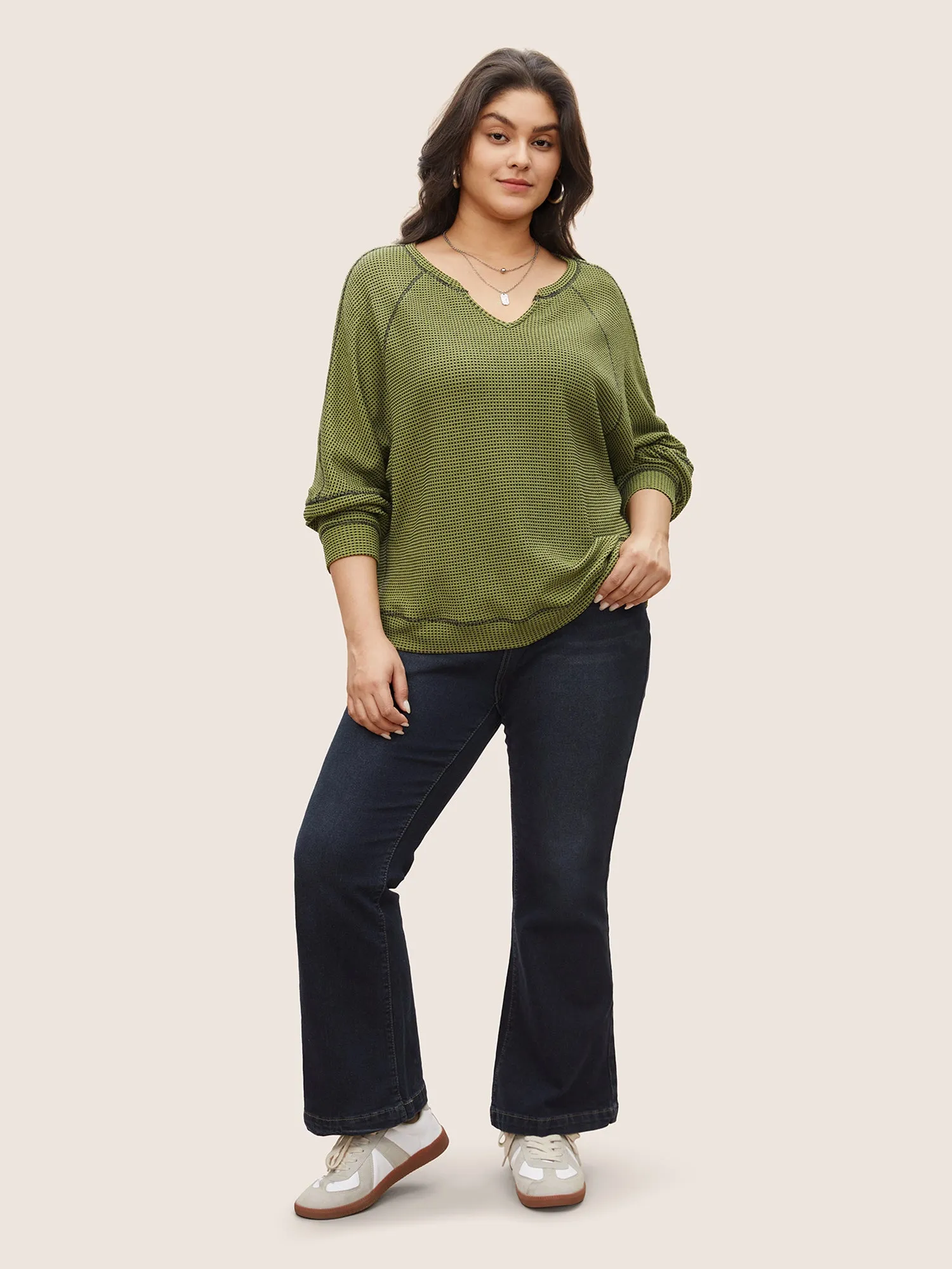 Waffle Knit Notched Contrast Stitch Patchwork Sweatshirt sold by Bloomchic product image thumbnail 3