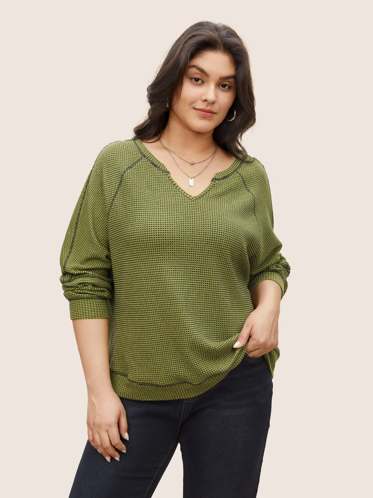 Waffle Knit Notched Contrast Stitch Patchwork Sweatshirt sold by Bloomchic product image thumbnail 4