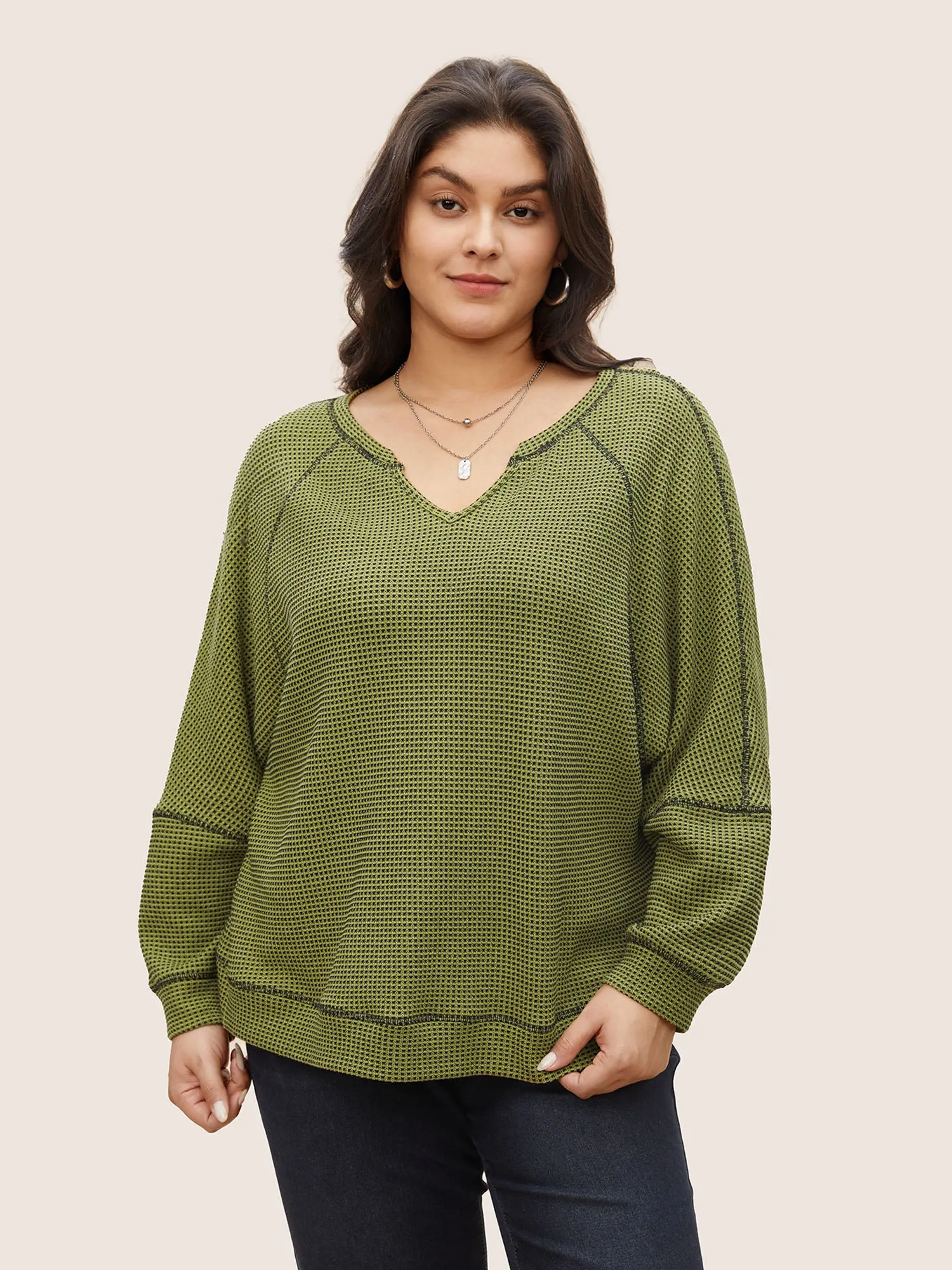 Waffle Knit Notched Contrast Stitch Patchwork Sweatshirt sold by Bloomchic