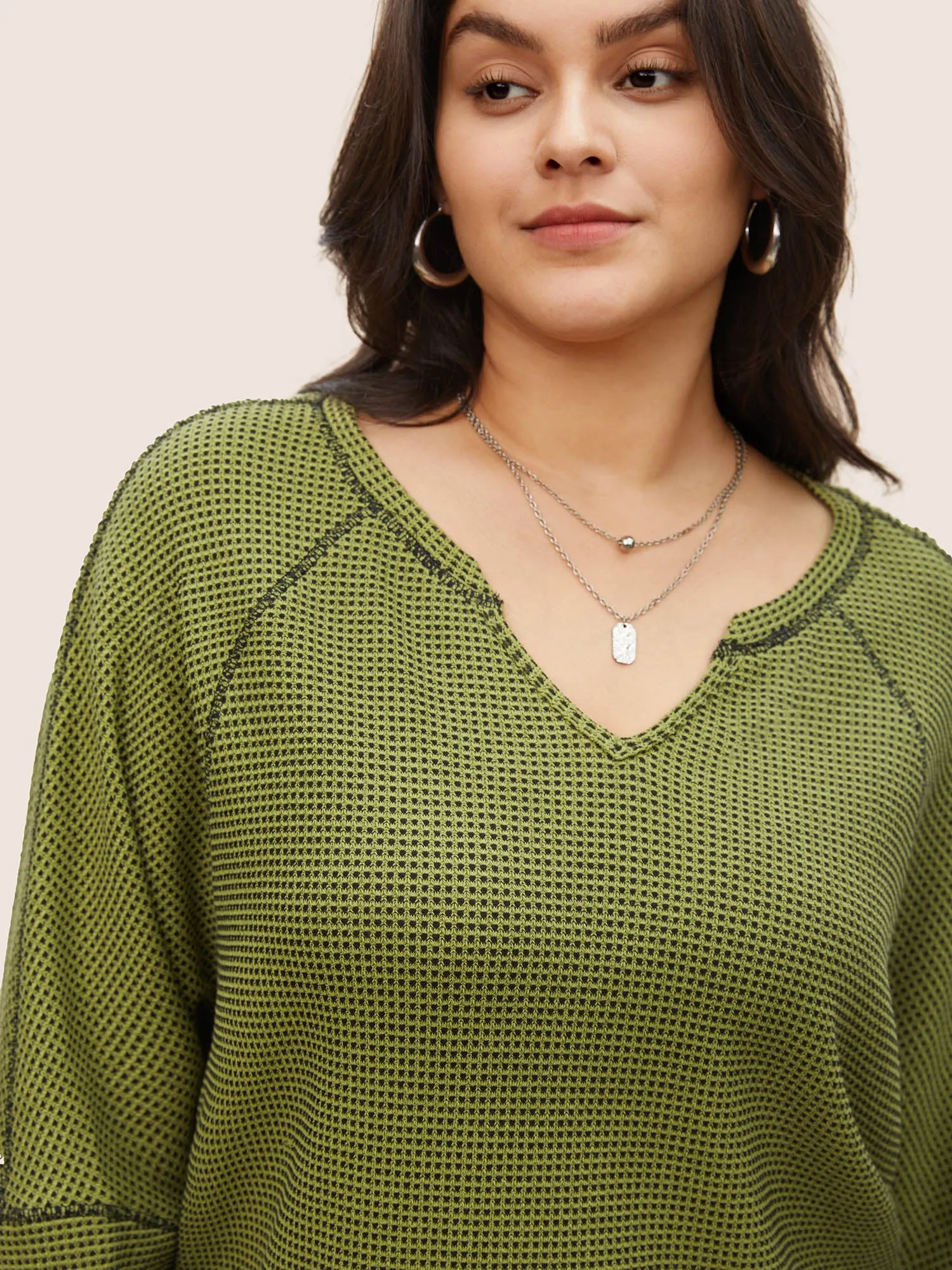 Waffle Knit Notched Contrast Stitch Patchwork Sweatshirt sold by Bloomchic product image thumbnail 5