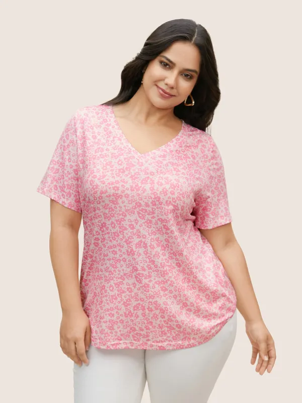 V Neck Ditsy Floral Print T-shirt sold by Bloomchic