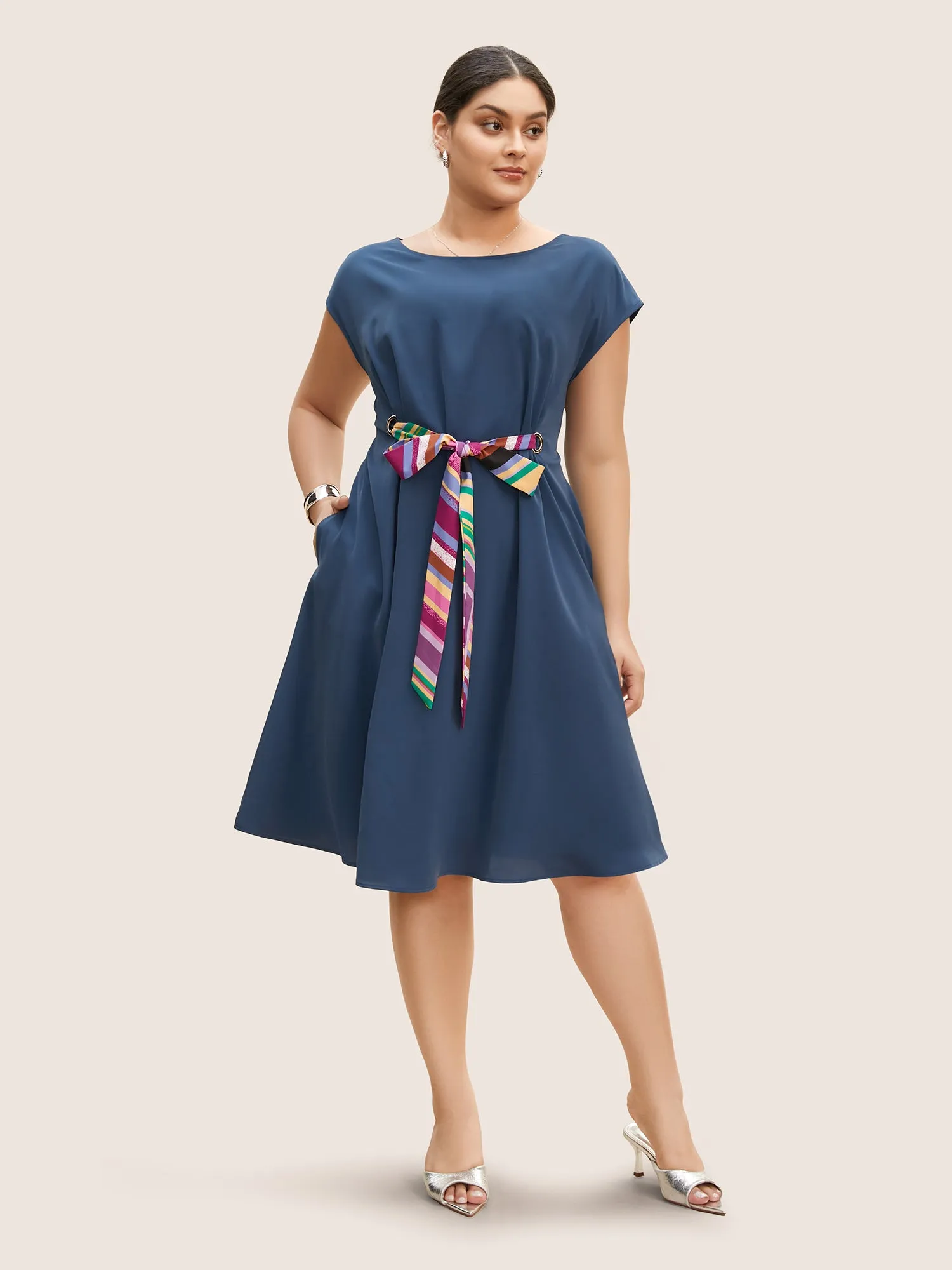 Round Neck Striped Tie Knot Cap Sleeve Dress sold by Bloomchic product image thumbnail 2