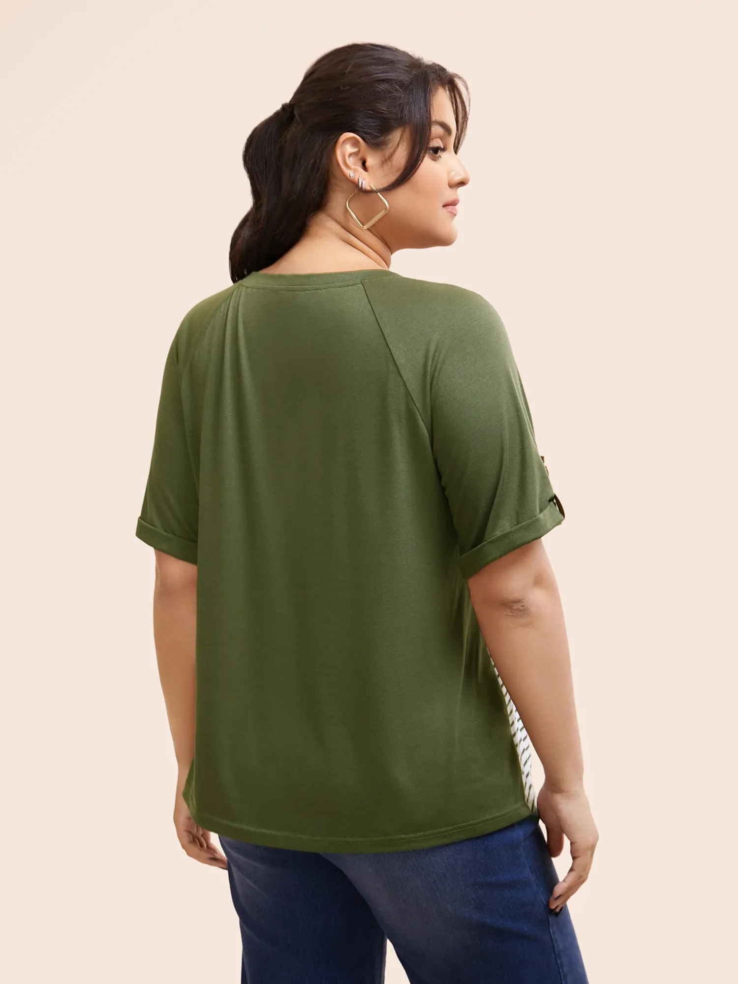 Striped Contrast Patched Pocket Roll Raglan Sleeve T-shirt sold by Bloomchic product image thumbnail 4