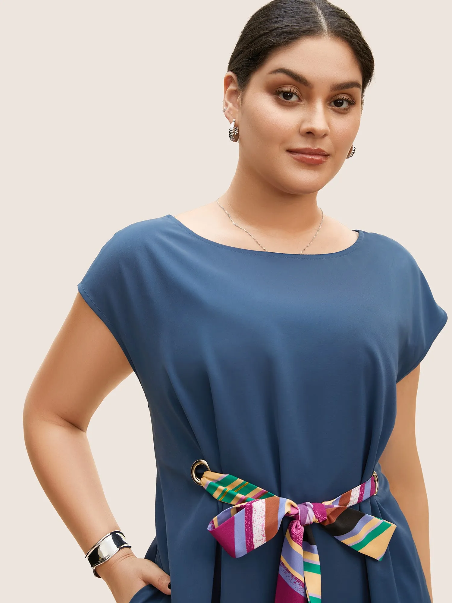 Round Neck Striped Tie Knot Cap Sleeve Dress sold by Bloomchic product image thumbnail 3