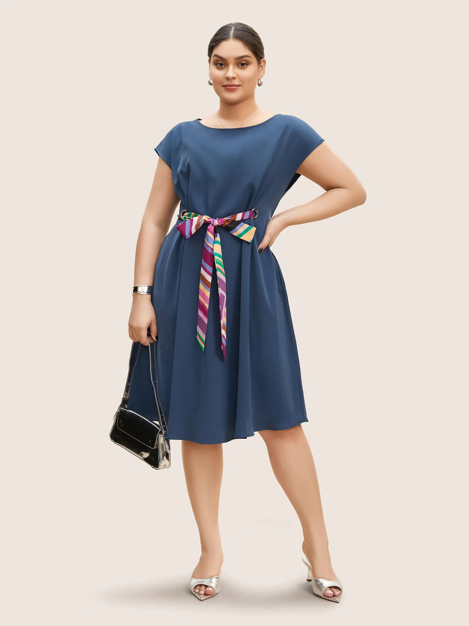 Round Neck Striped Tie Knot Cap Sleeve Dress sold by Bloomchic