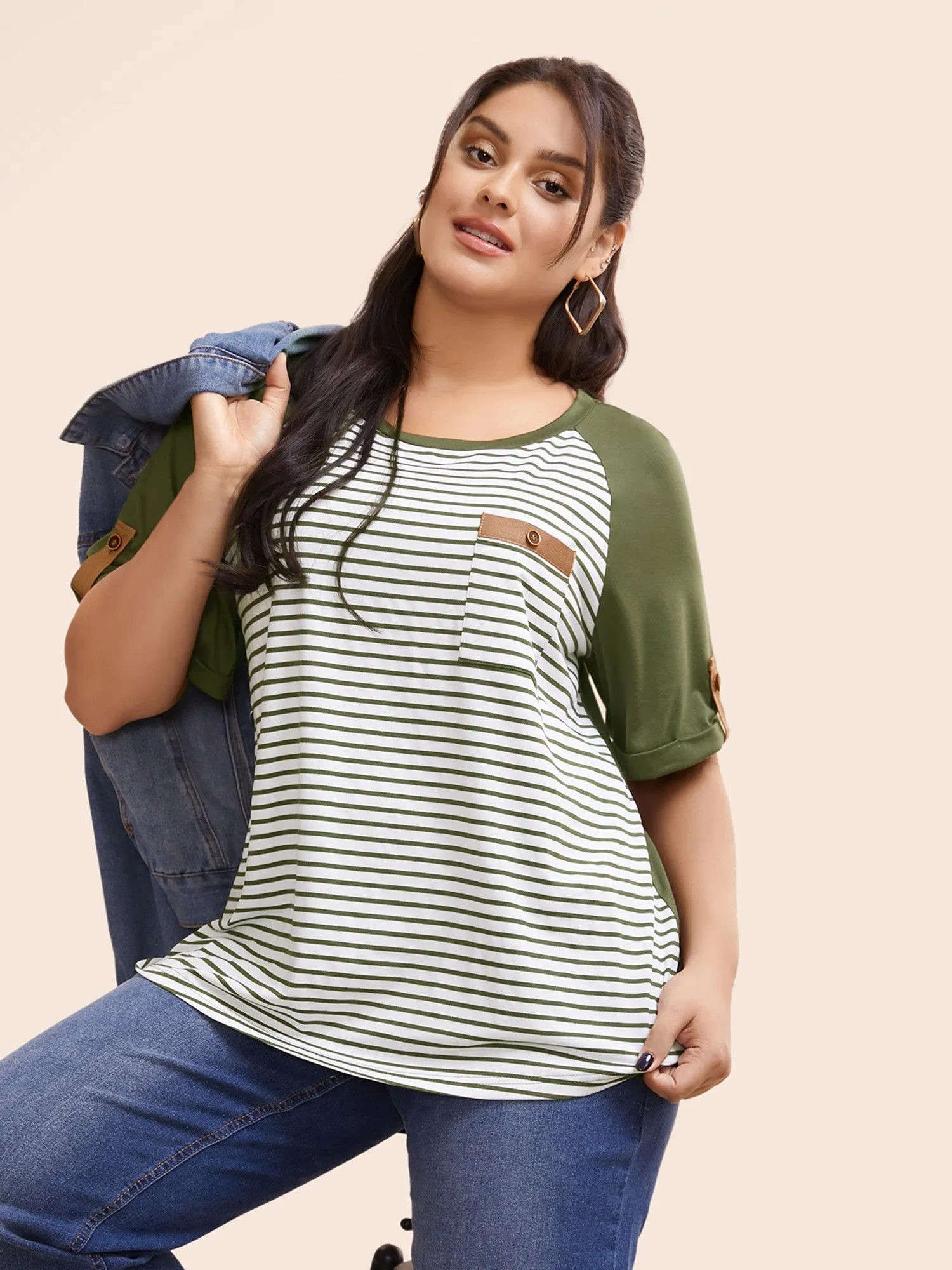 Striped Contrast Patched Pocket Roll Raglan Sleeve T-shirt sold by Bloomchic