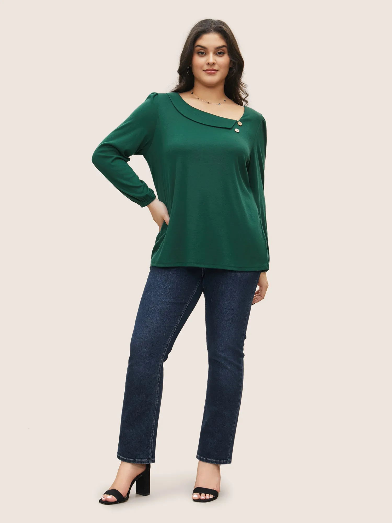 Elastic Cuffs Asymmetrical Neck Button Detail T-shirt sold by Bloomchic product image thumbnail 3