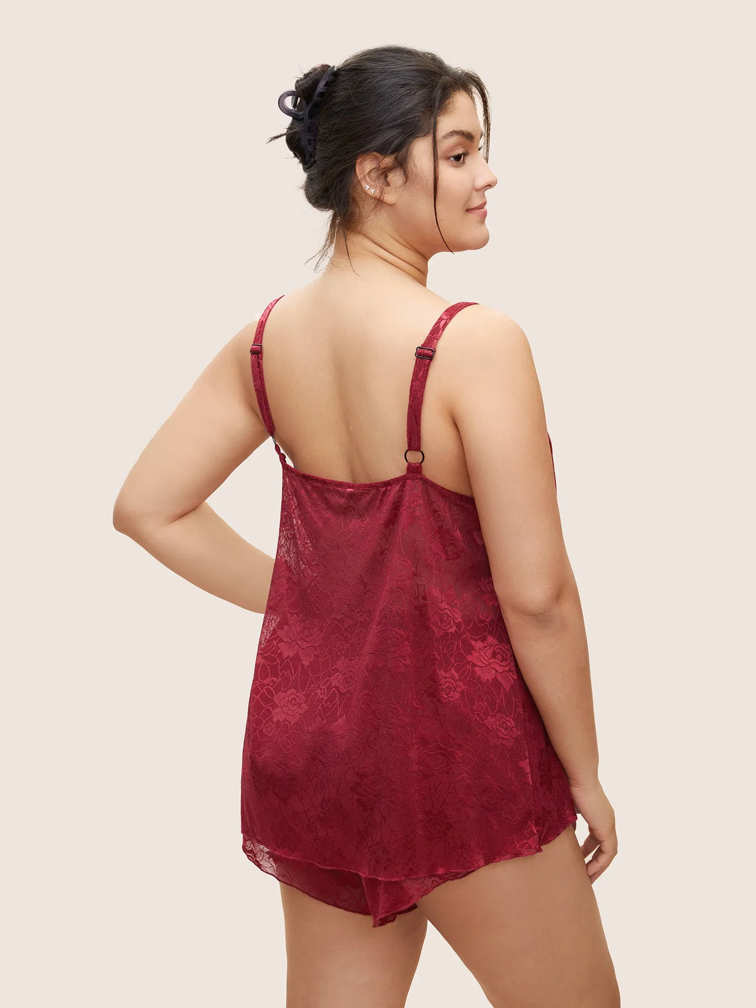 Solid Lace Panel Tiered Adjustable Straps Sleep Top sold by Bloomchic product image thumbnail 2