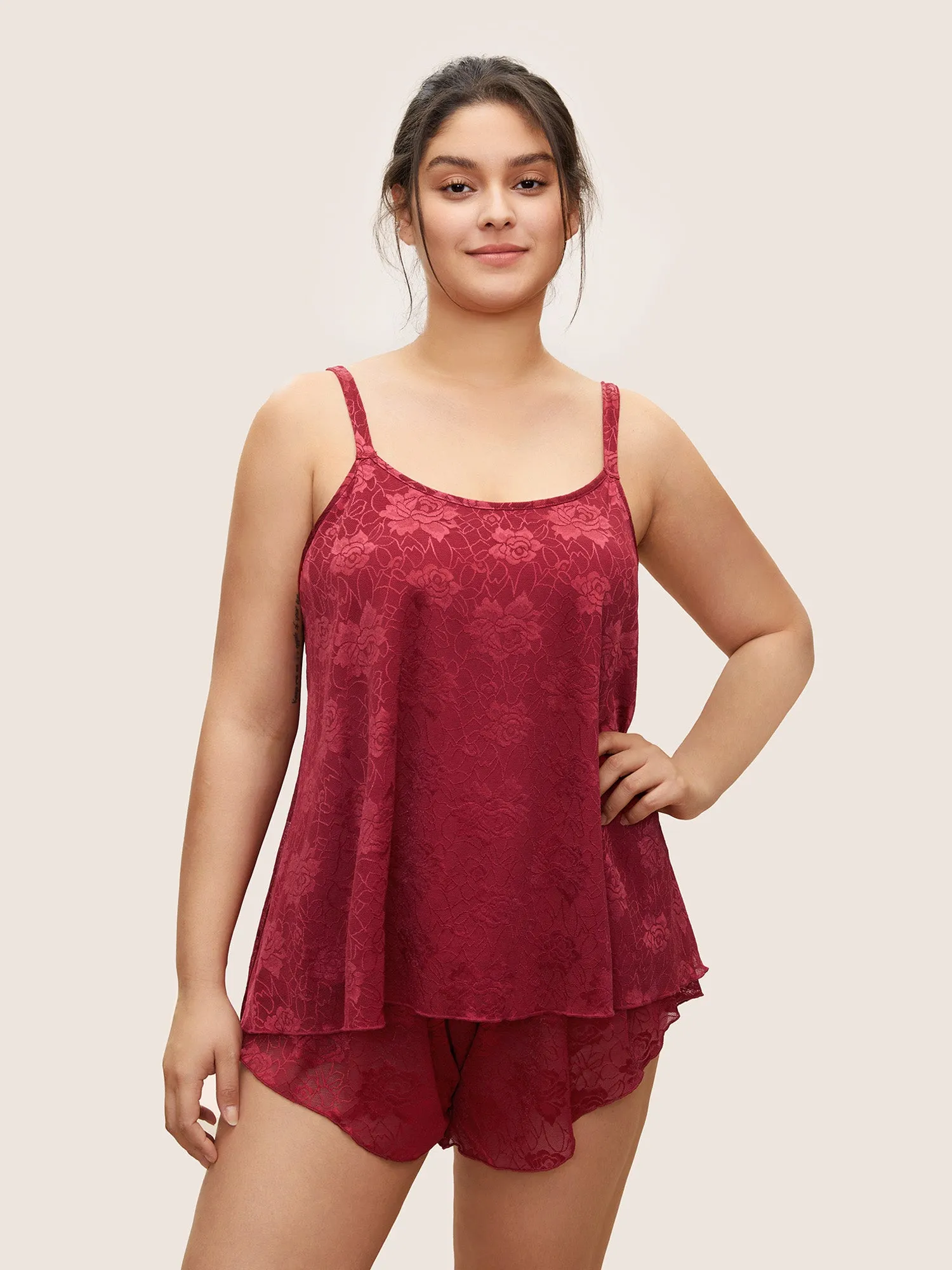 Solid Lace Panel Tiered Adjustable Straps Sleep Top sold by Bloomchic