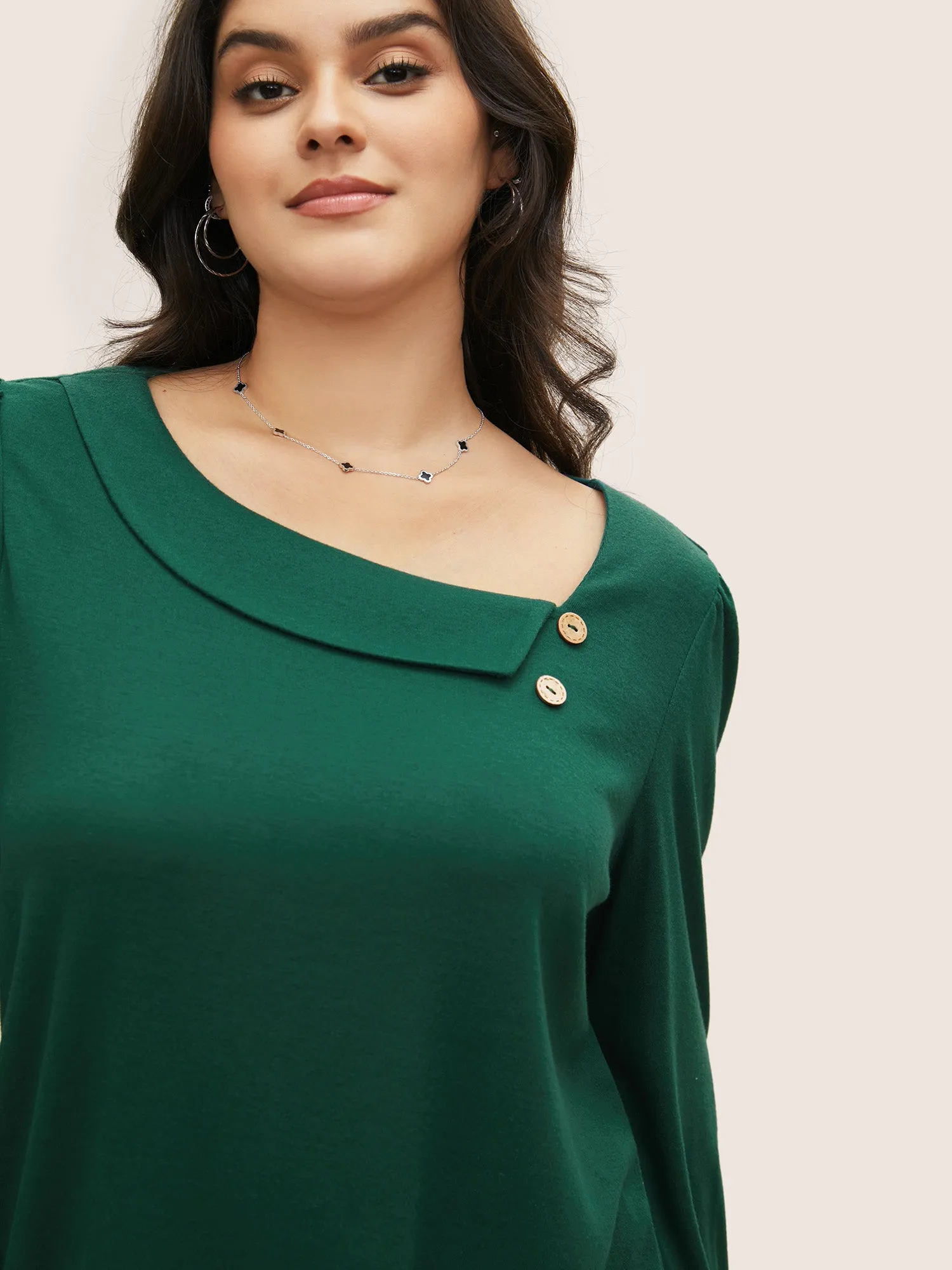 Elastic Cuffs Asymmetrical Neck Button Detail T-shirt sold by Bloomchic product image thumbnail 4