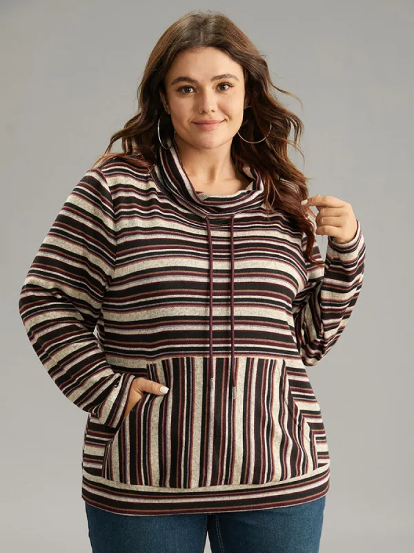 Striped Mock Neck Drawstring Pocket T-shirt sold by Bloomchic