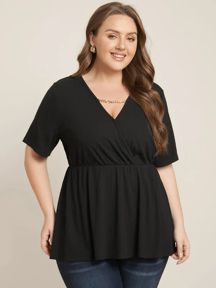 Plain Wrap Chain Detail Ruffle Hem Rib Knit Tee sold by Bloomchic