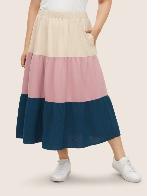 Contrast Patchwork Pocket Elastic Waist Skirt sold by Bloomchic