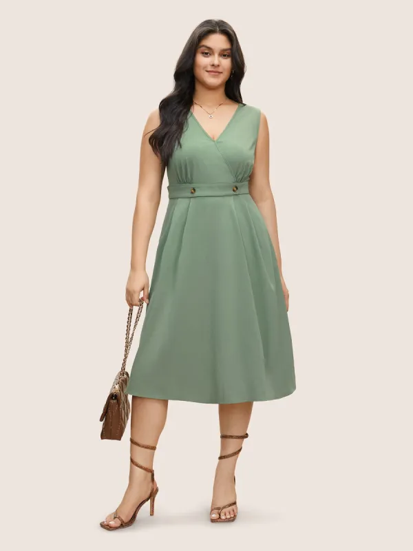 Plain Wrap Button Detail Pleated Tank Dress sold by Bloomchic