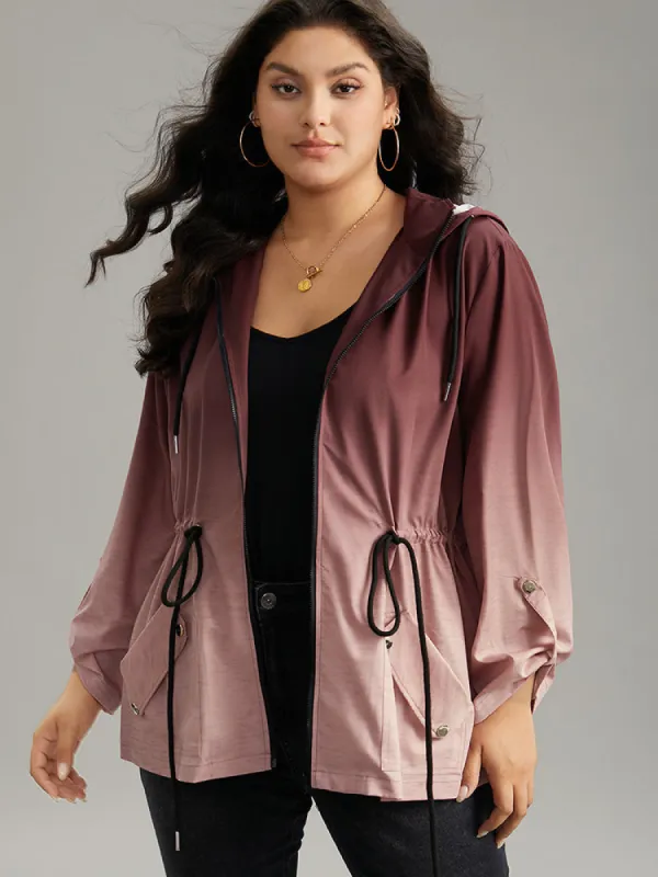 Ombre Zipper Drawstring Pocket Tab Sleeve Jacket sold by Bloomchic