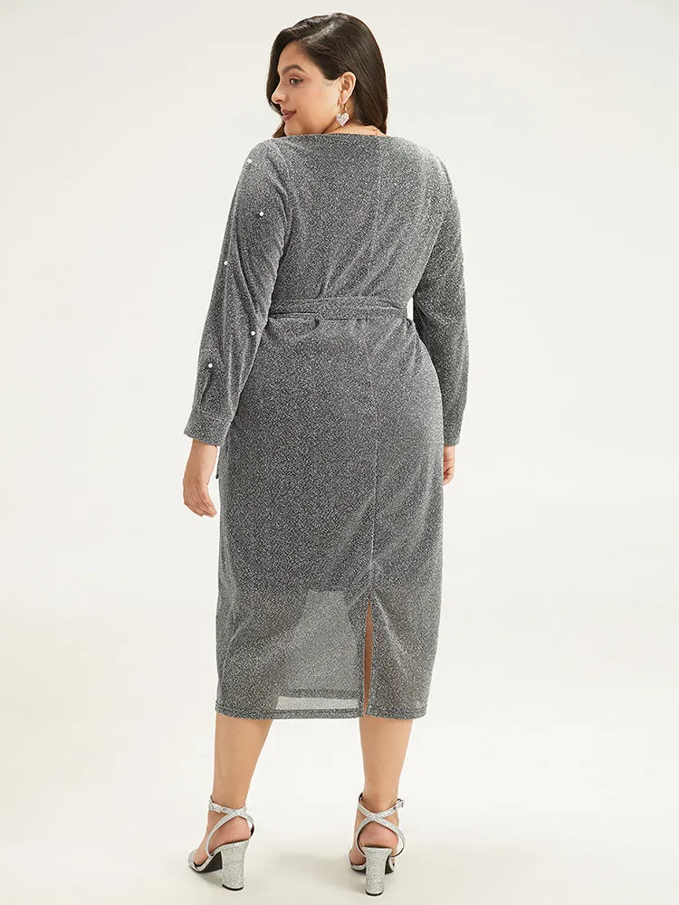 V Neck Pearl Beaded Belted Dress sold by Bloomchic product image thumbnail 4