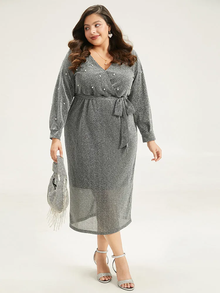 V Neck Pearl Beaded Belted Dress sold by Bloomchic