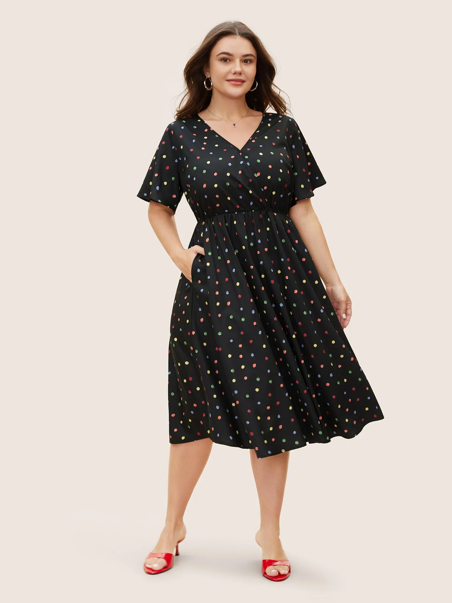 Colored Polka Dot Overlap Collar Midi Dress sold by Bloomchic