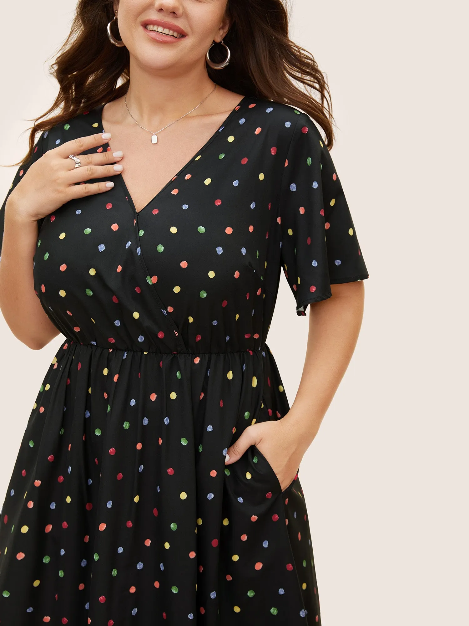 Colored Polka Dot Overlap Collar Midi Dress sold by Bloomchic product image thumbnail 4