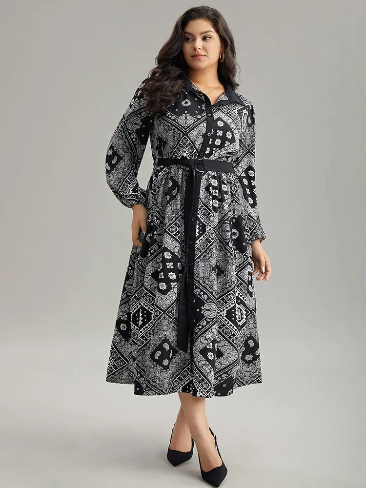 Moroccan Print Shirt Collar Belted Button Through Dress sold by Bloomchic