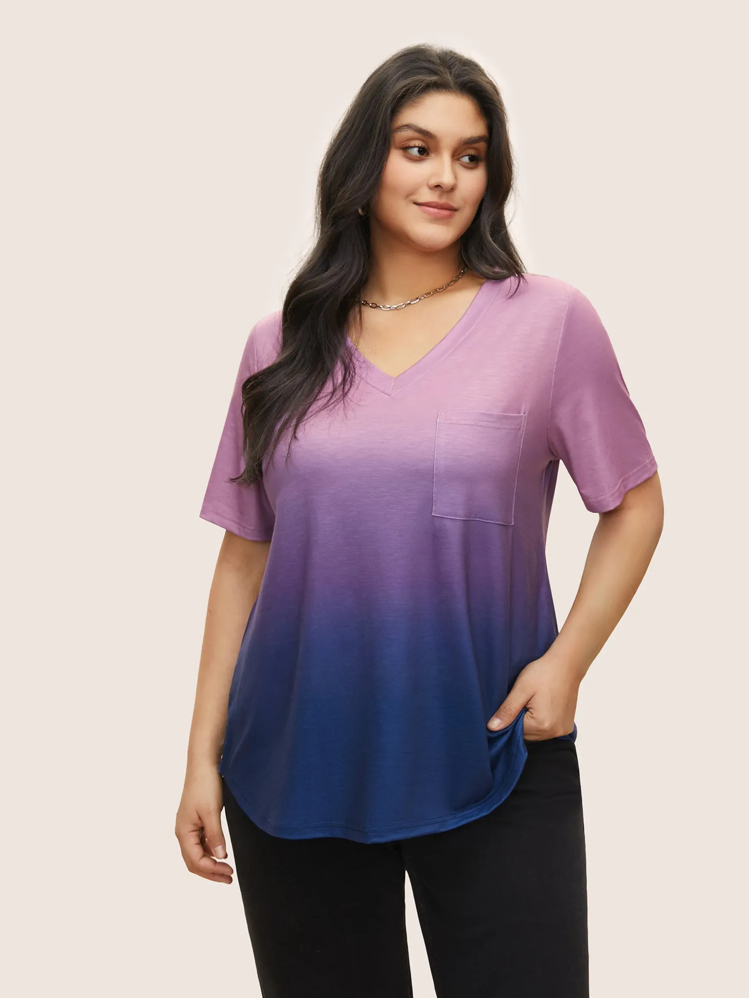 Ombre Contrast Patched Pocket T-shirt sold by Bloomchic