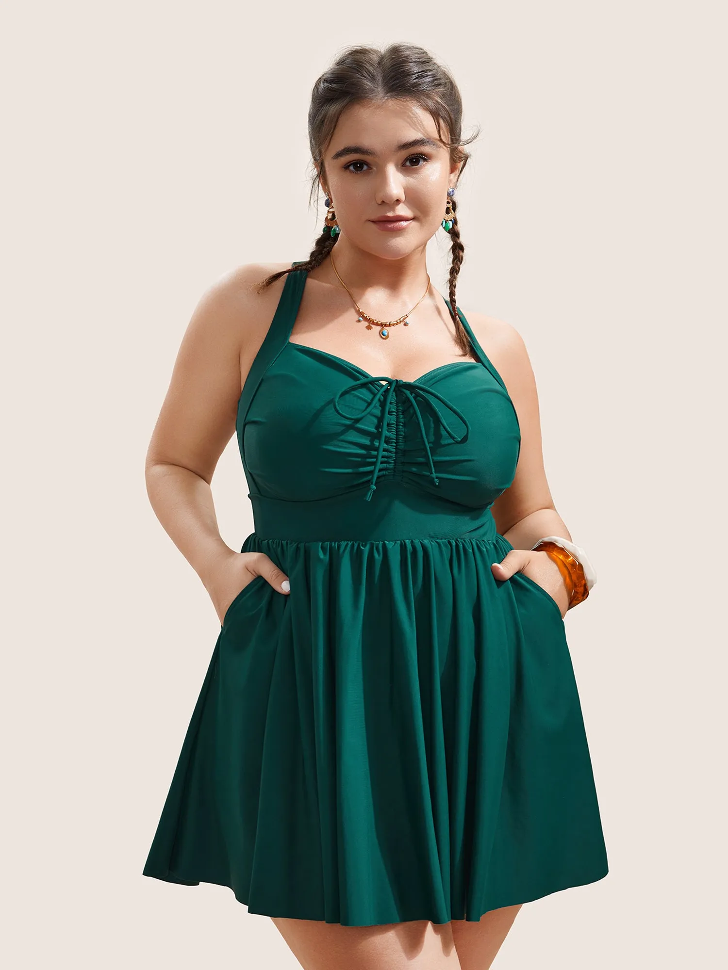 Solid Pocket Ruched Drawstring Swim Dress sold by Bloomchic