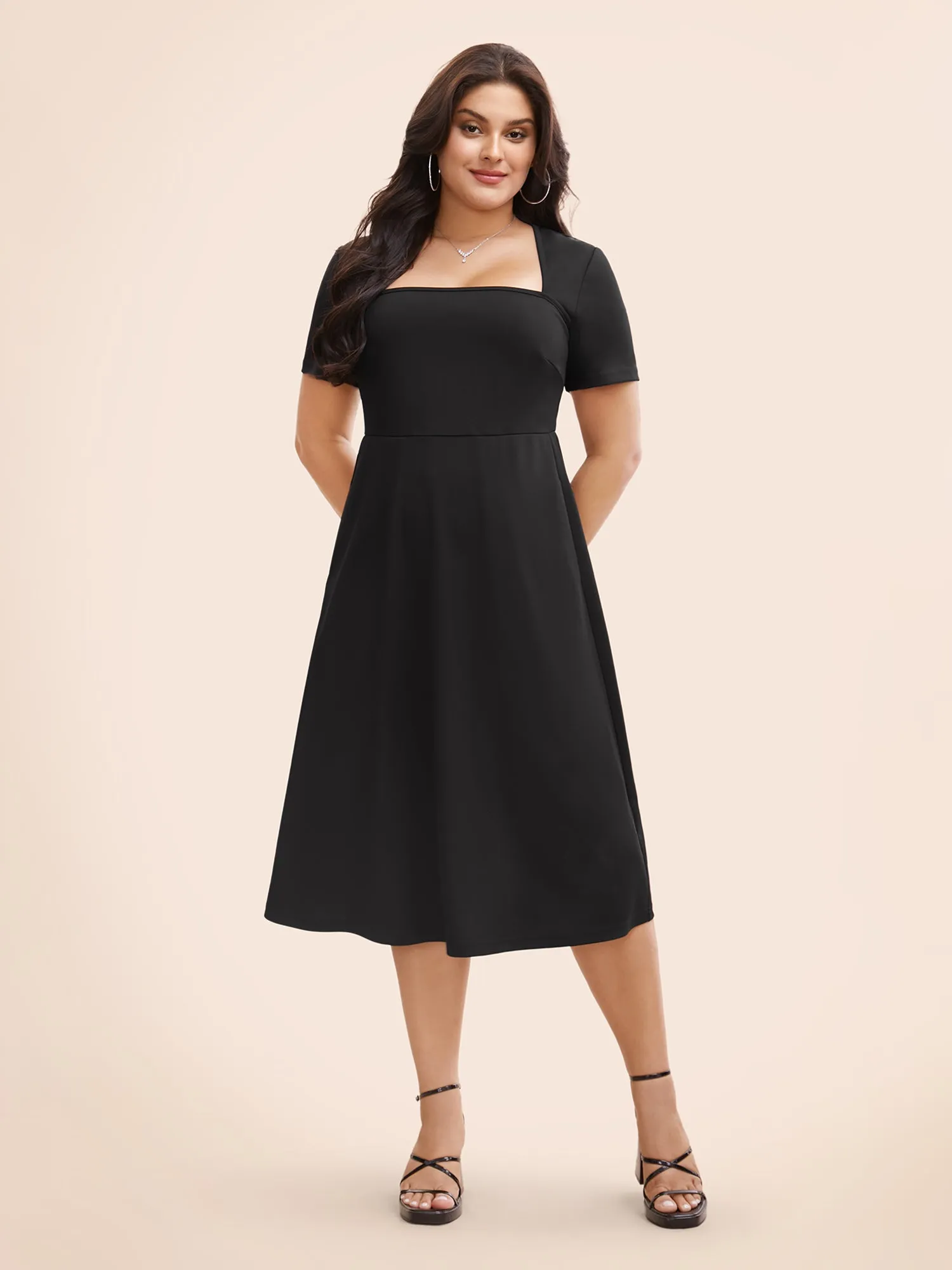 Square Neck Plain Elastic Waist Dress sold by Bloomchic product image thumbnail 3