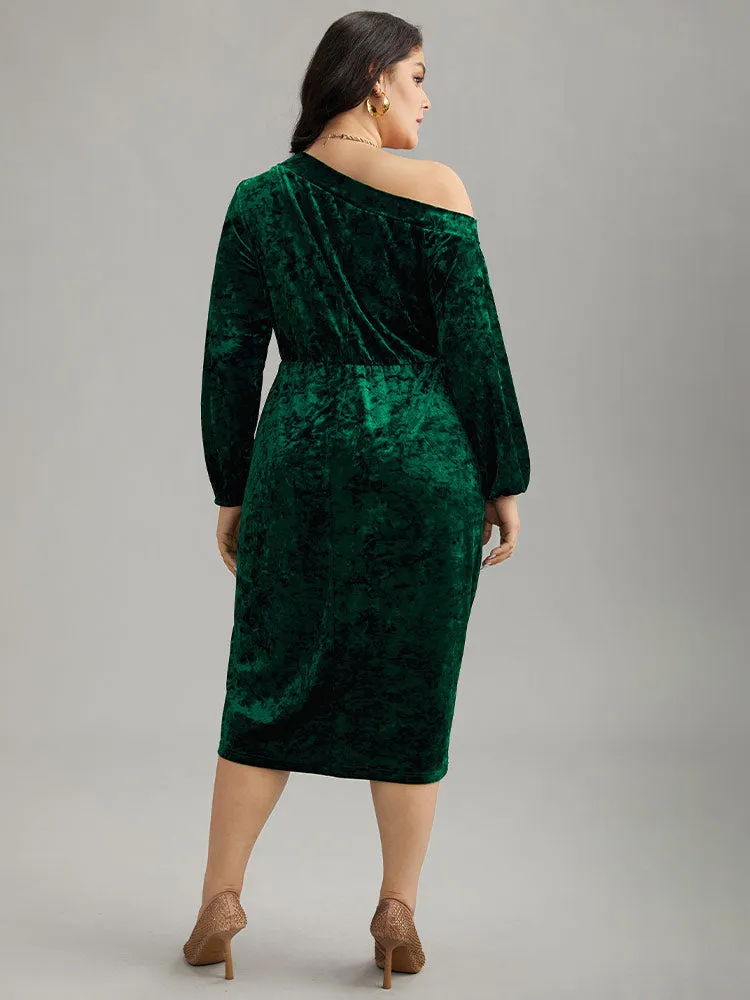 Solid Velvet One Shoulder Elastic Waist Dress sold by Bloomchic product image thumbnail 3