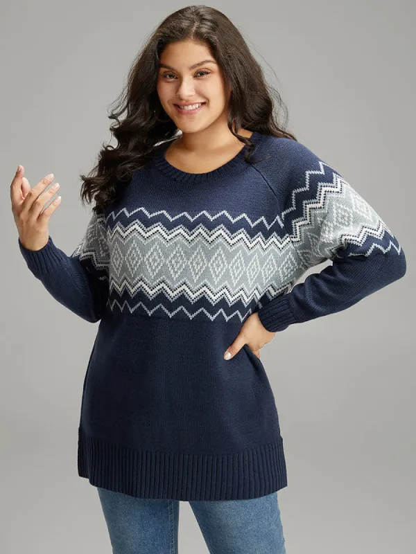 Geo Raglan Sleeve Elastic Hem Pullover sold by Bloomchic