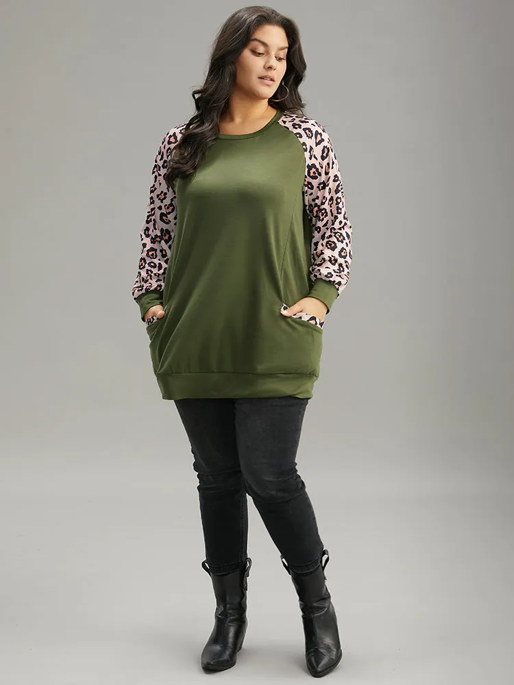 Leopard Print Patchwork Contrast Pocket Raglan Sleeve Sweatshirt sold by Bloomchic product image thumbnail 4