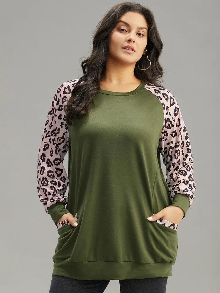 Leopard Print Patchwork Contrast Pocket Raglan Sleeve Sweatshirt sold by Bloomchic product image thumbnail 5