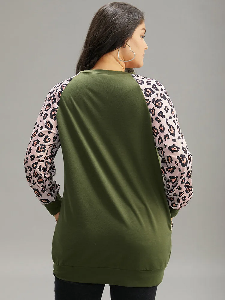 Leopard Print Patchwork Contrast Pocket Raglan Sleeve Sweatshirt sold by Bloomchic product image thumbnail 2