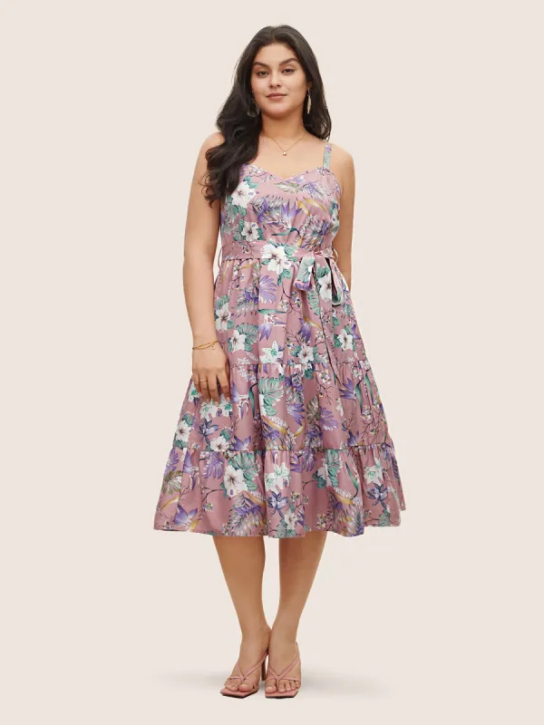Floral Belted Adjustable Straps Layered Hem Dress sold by Bloomchic