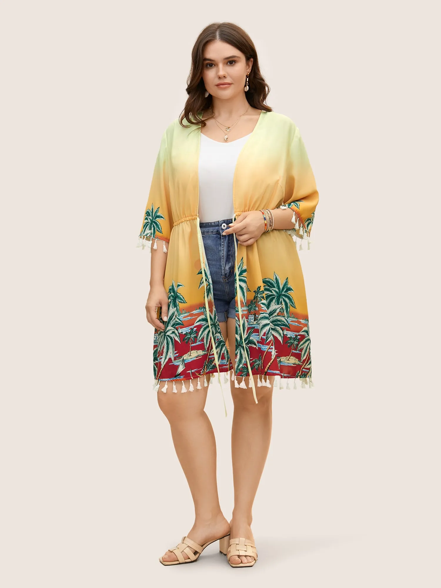 Tropical Print Drawstring Tassel Trim Kimono sold by Bloomchic product image thumbnail 3