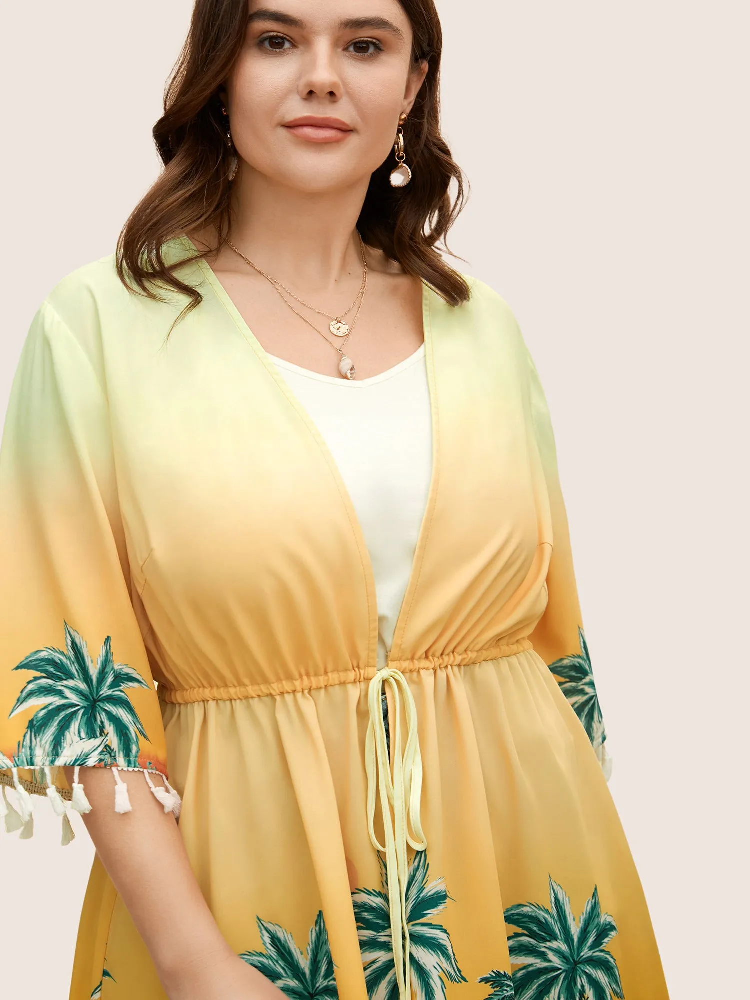 Tropical Print Drawstring Tassel Trim Kimono sold by Bloomchic product image thumbnail 2
