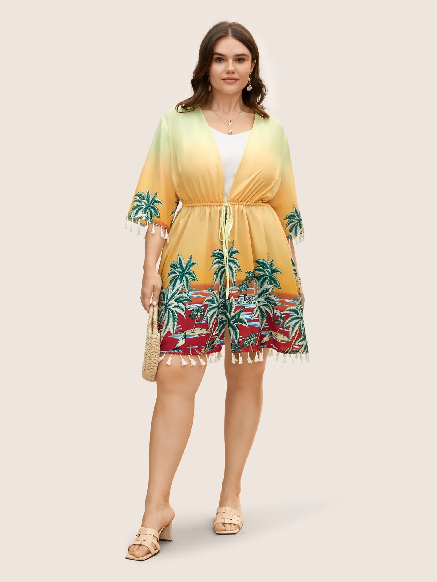 Tropical Print Drawstring Tassel Trim Kimono sold by Bloomchic