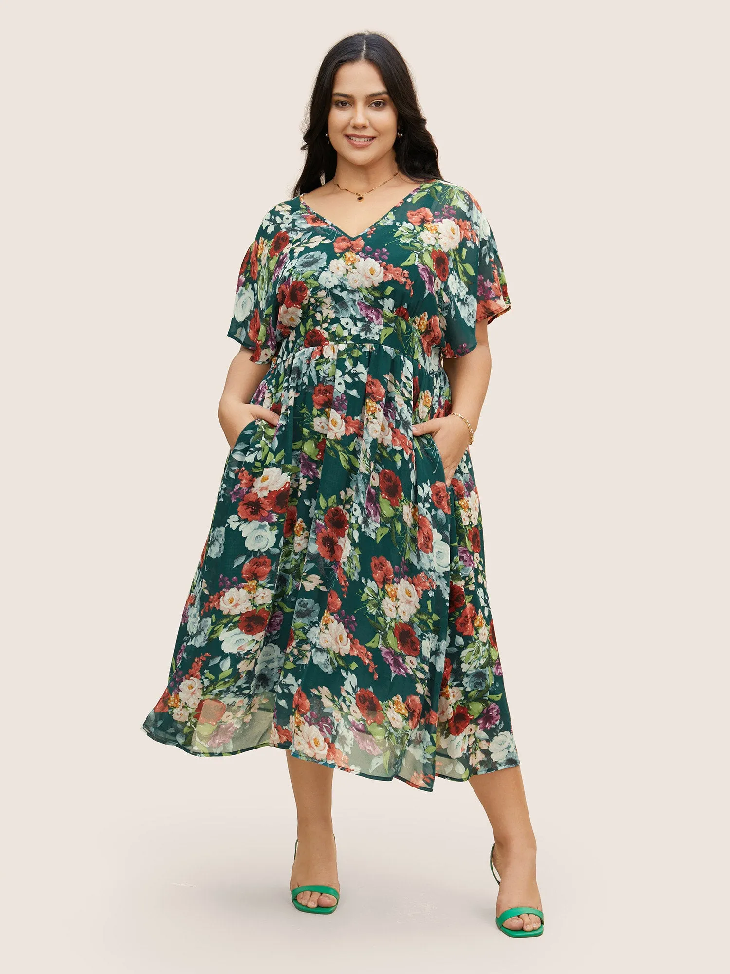 V Neck Chiffon Floral Dolman Sleeve Dress sold by Bloomchic product image thumbnail 2