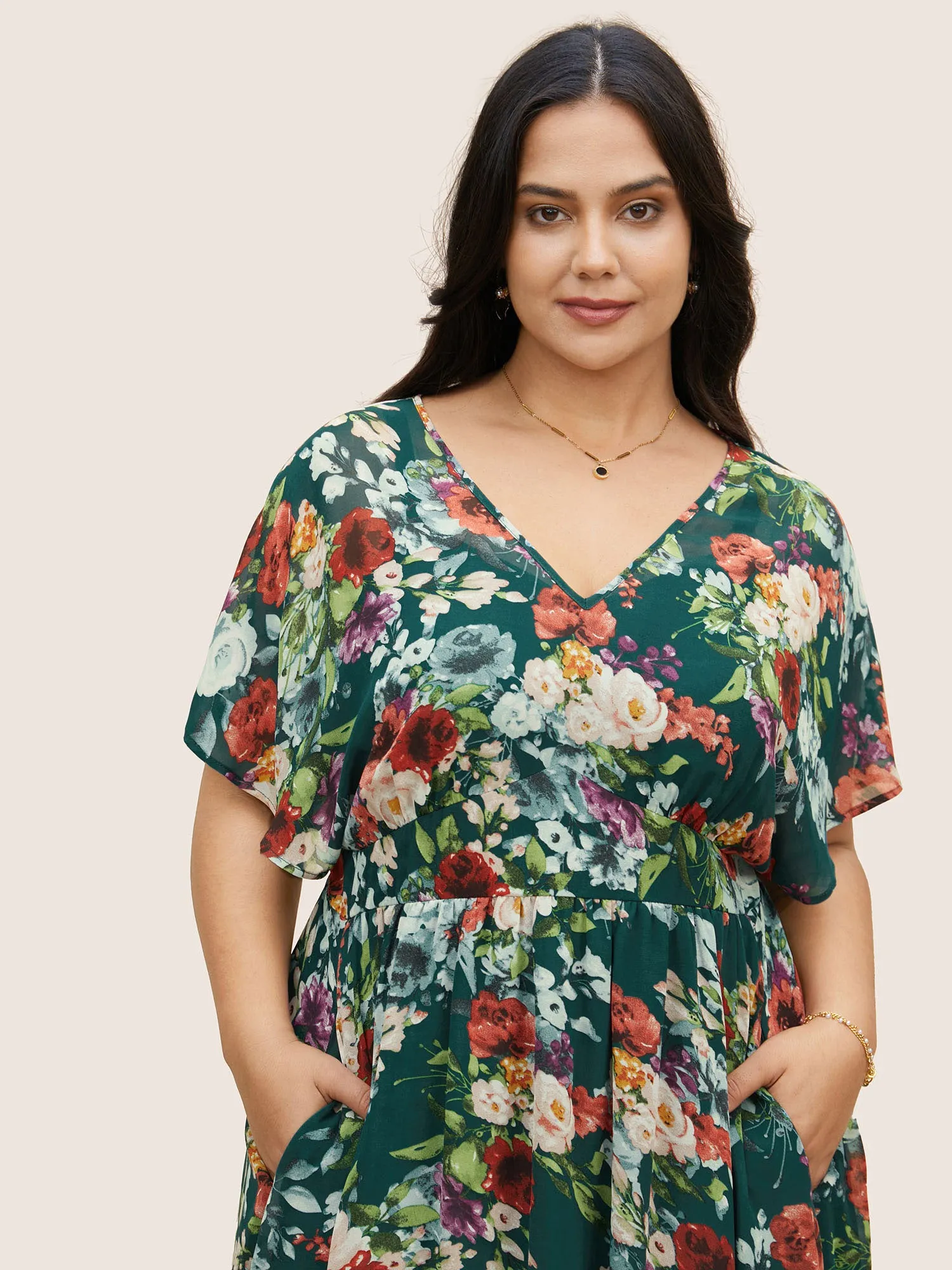 V Neck Chiffon Floral Dolman Sleeve Dress sold by Bloomchic product image thumbnail 4