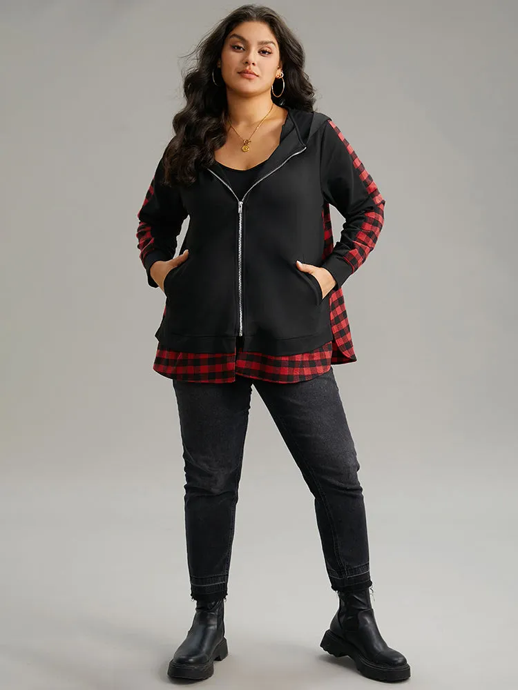 Plaid Patchwork Zipper Hooded Asymmetrical Hem Jacket sold by Bloomchic product image thumbnail 4
