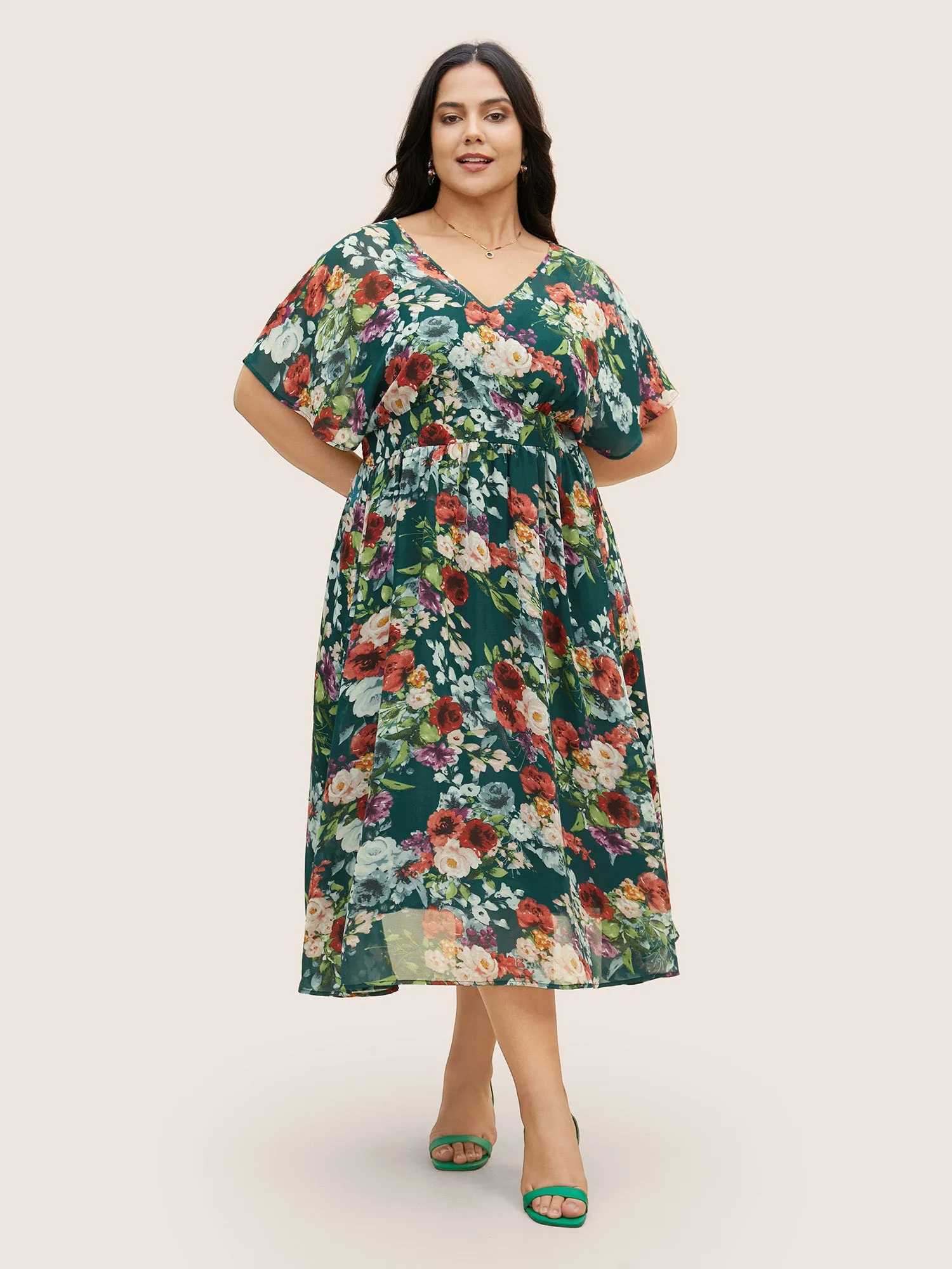 V Neck Chiffon Floral Dolman Sleeve Dress sold by Bloomchic