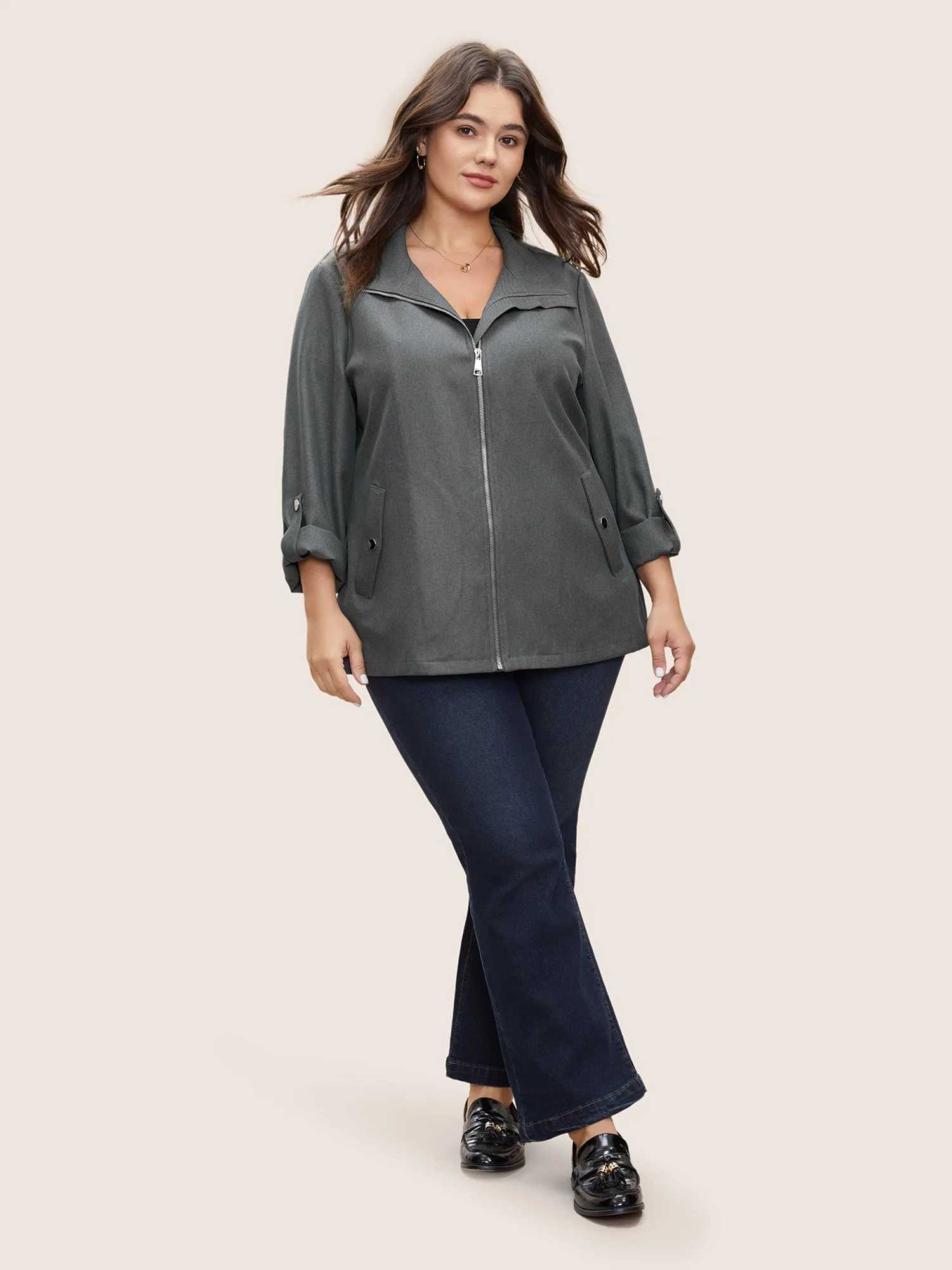 Solid Zipper Button Detail Tab Sleeve Jacket sold by Bloomchic product image thumbnail 2