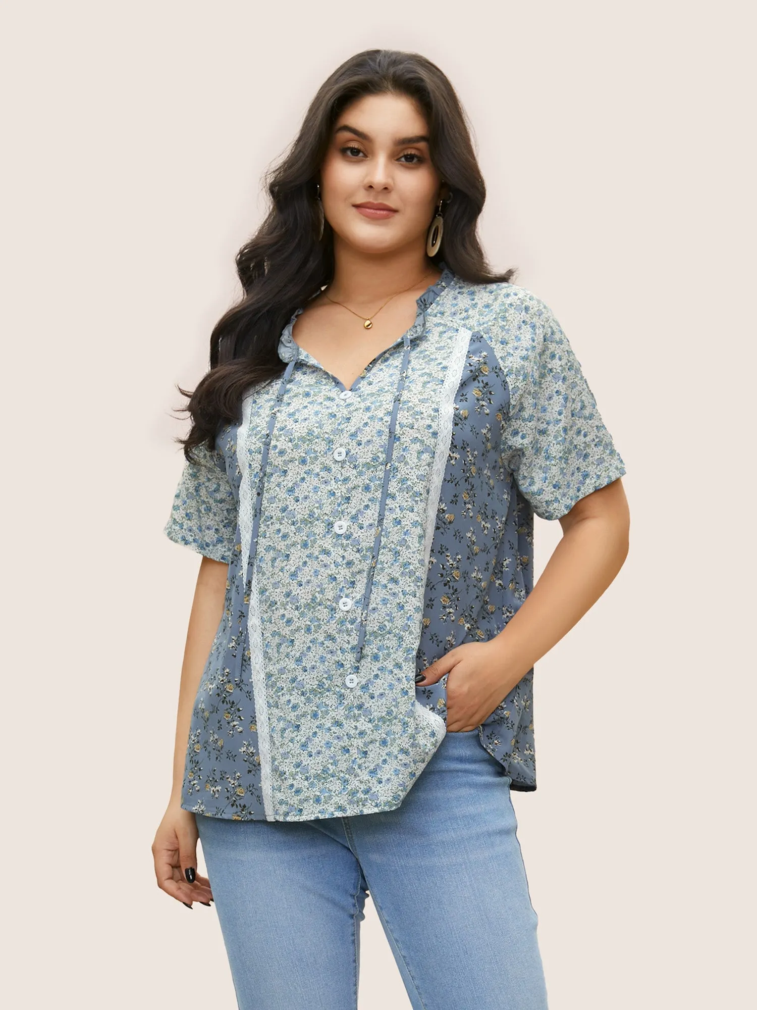 Ditsy Floral Ruffles Lace Patchwork Ties Blouse sold by Bloomchic