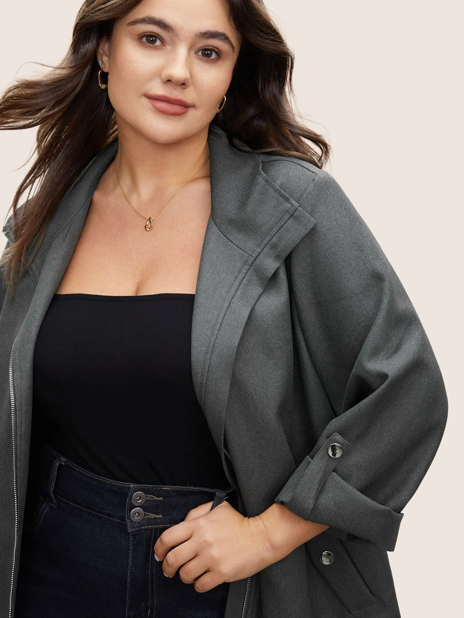 Solid Zipper Button Detail Tab Sleeve Jacket sold by Bloomchic product image thumbnail 3