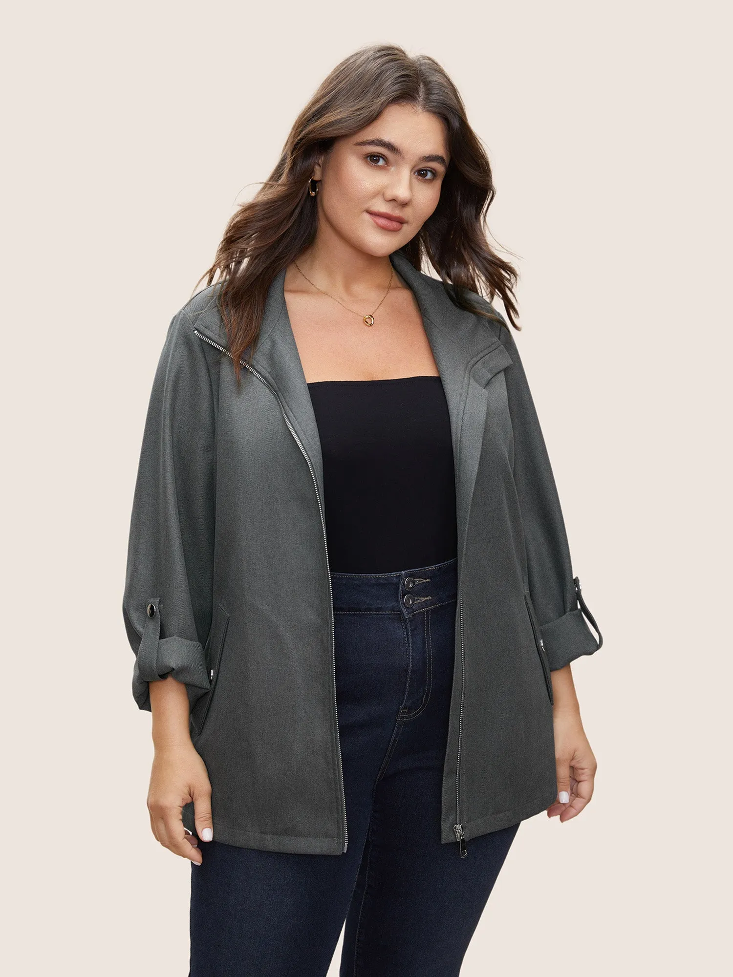 Solid Zipper Button Detail Tab Sleeve Jacket sold by Bloomchic product image thumbnail 4