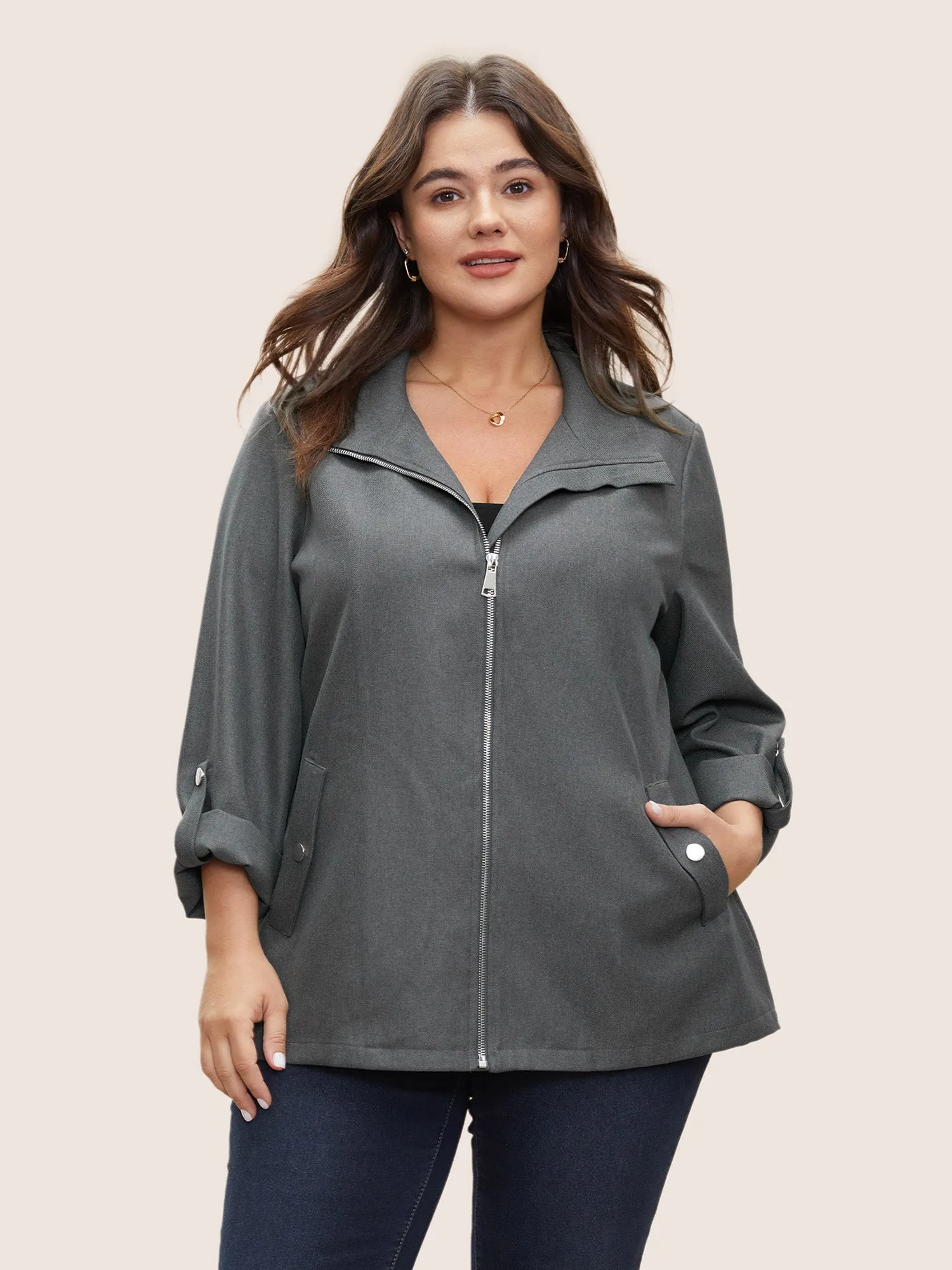 Solid Zipper Button Detail Tab Sleeve Jacket sold by Bloomchic