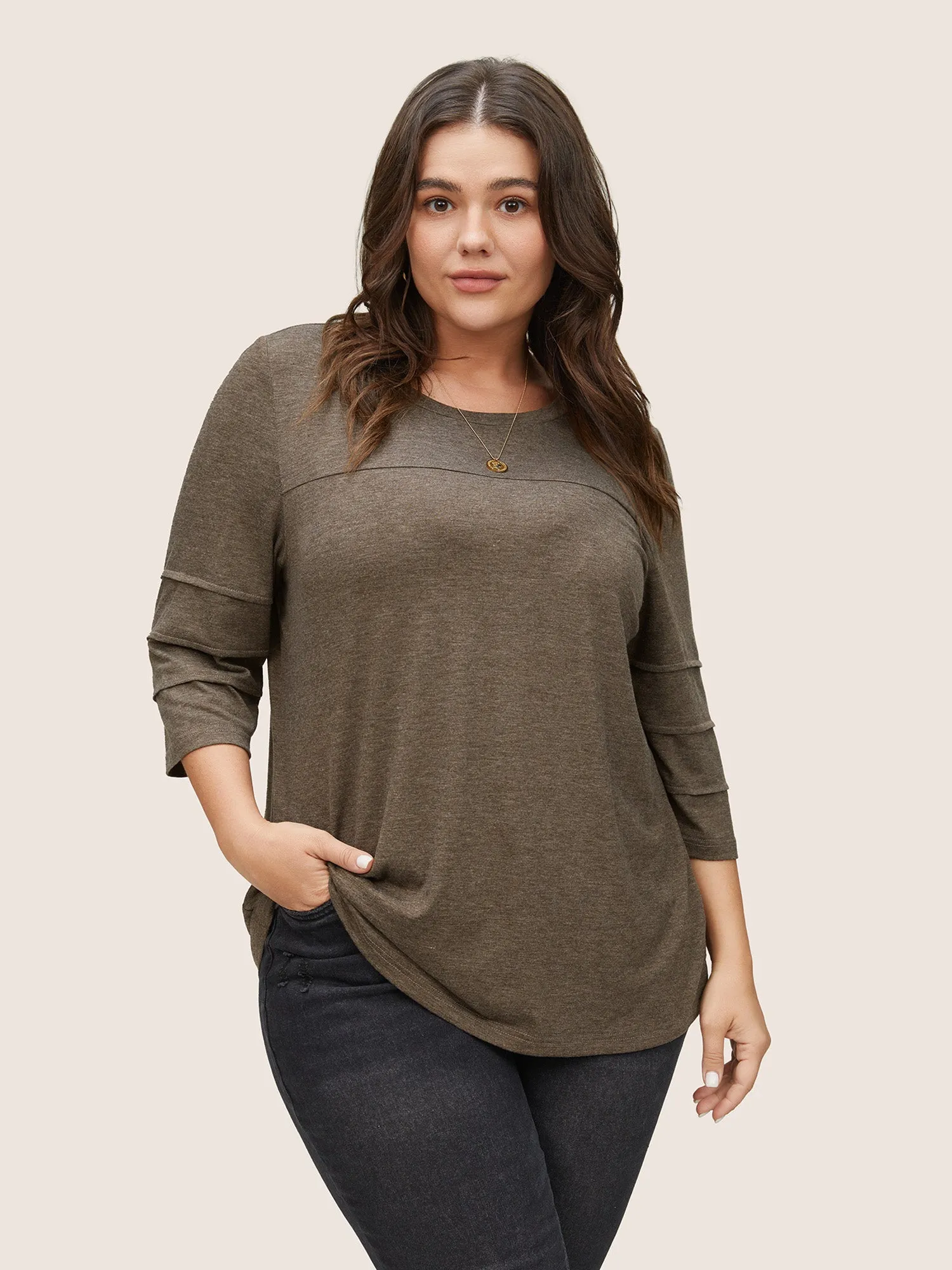 Solid Pleated Detail Round Neck T-shirt sold by Bloomchic